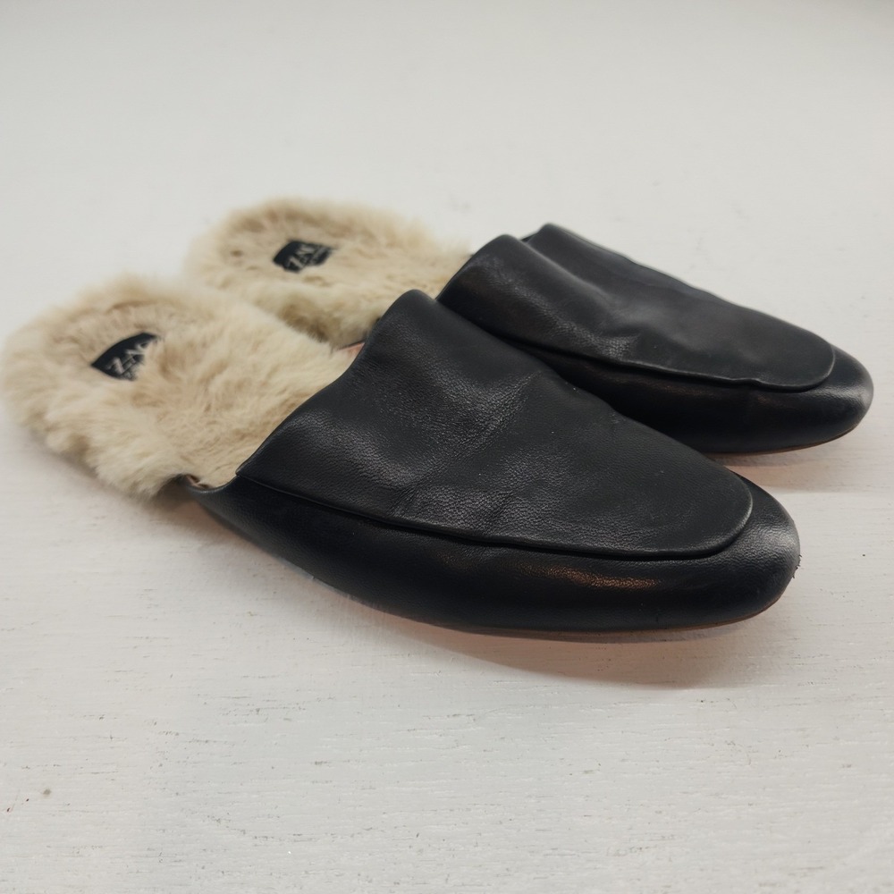 ZAC Zac Posen 7M | Black Leather Faux Fur Lined Mule Loafers Slides Women